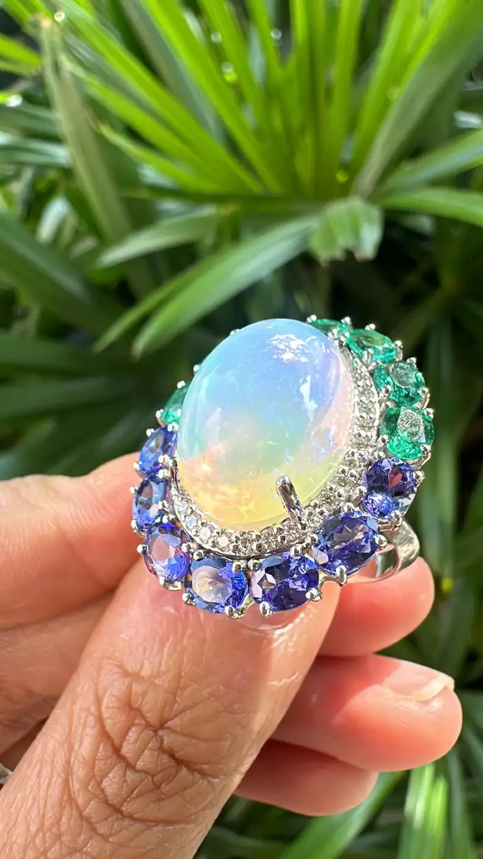 Gold Diamond Ring | 18k White Gold Zambian Emerald Ring | Tanzanite & Ethiopian Opal Cocktail Ring | Handmade Gold Diamond Ring