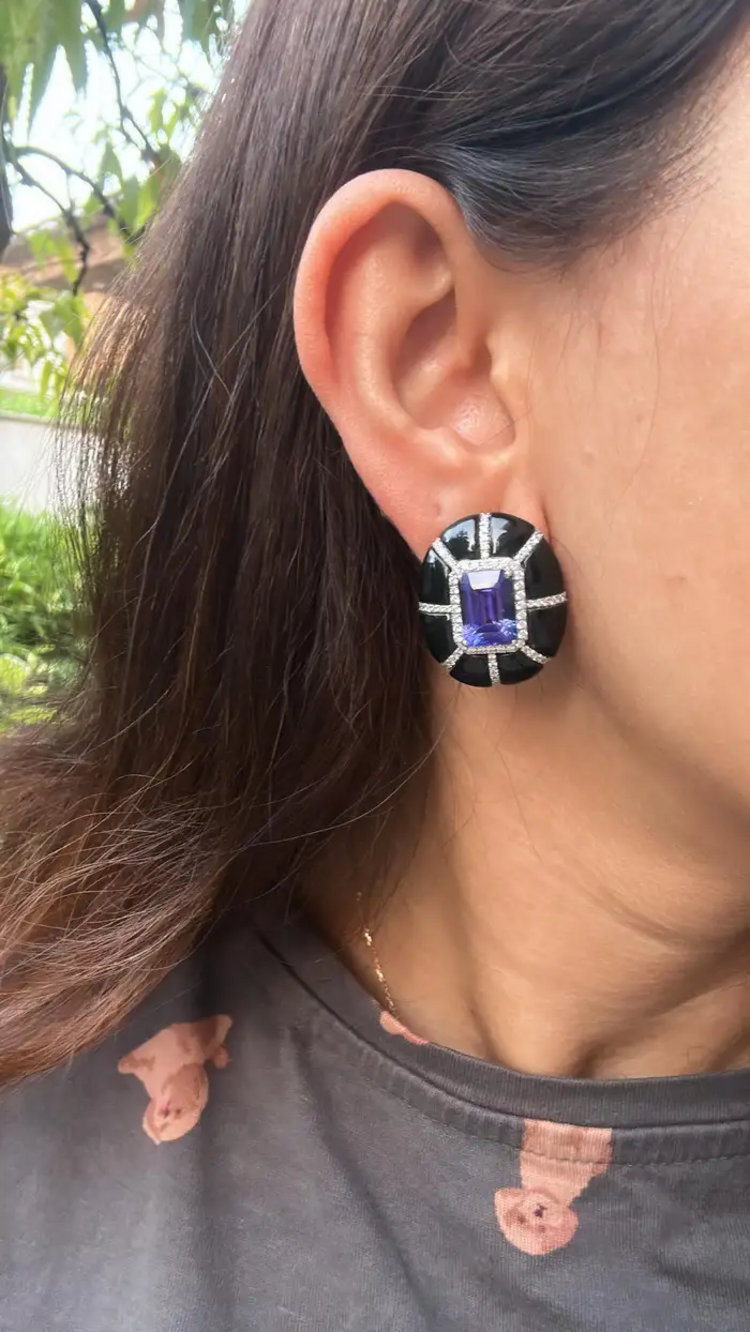 9.24 Ct. Natural Tanzanite Stud Earrings - 18k White Gold Handmade Earrings - Gold Diamond Women Earrings - Black Onyx Earrings