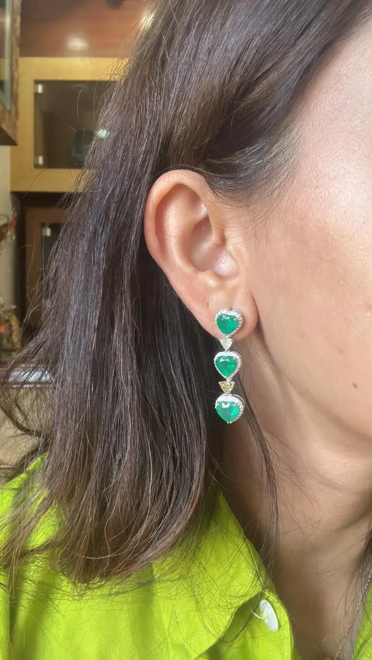 18K Gold, 8.26 carat, natural Zambian Emeralds & Diamonds Dangle Earrings