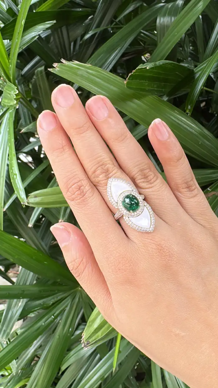 Natural Zambian Emerald & Mother Of Pearl Ring - 18k Yellow Gold Diamond Statement Ring