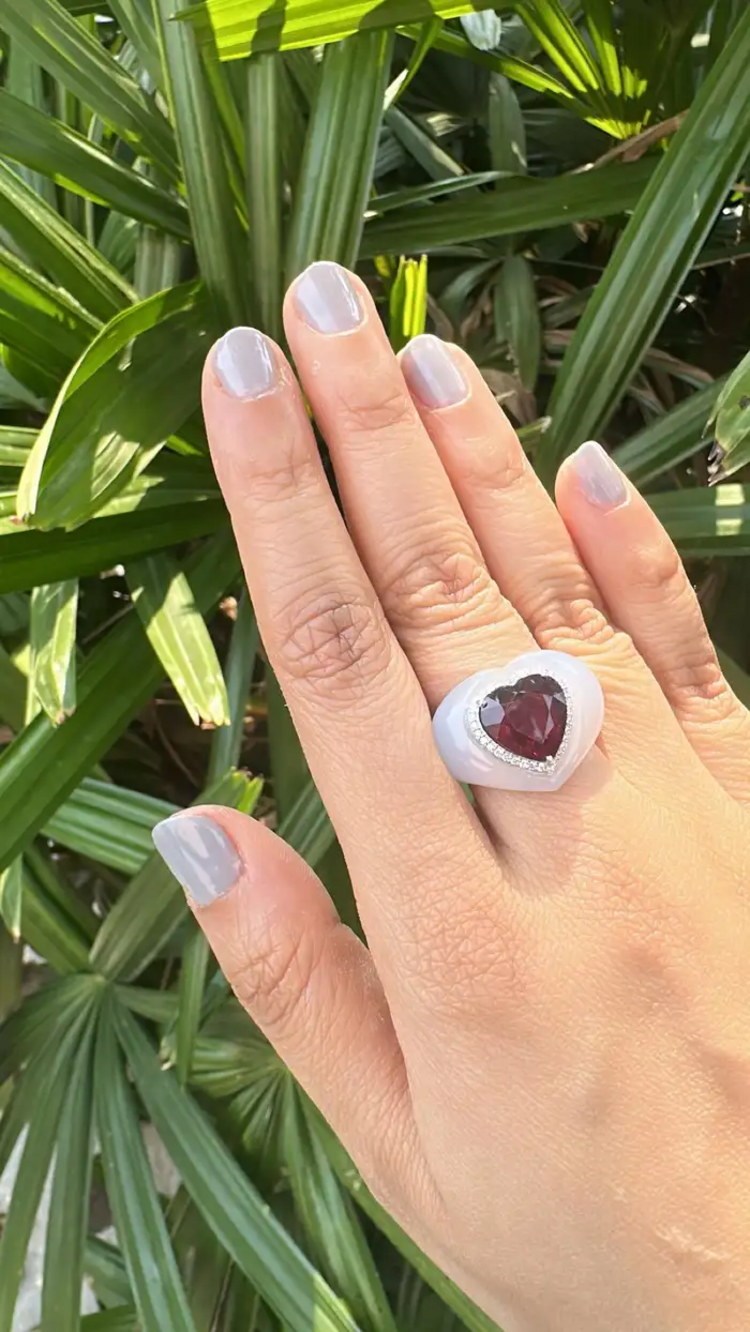 4.93 Heart Shape Rubellite & Chalcedony Anniversary Ring - 18k White Gold Diamond Cocktail Ring
