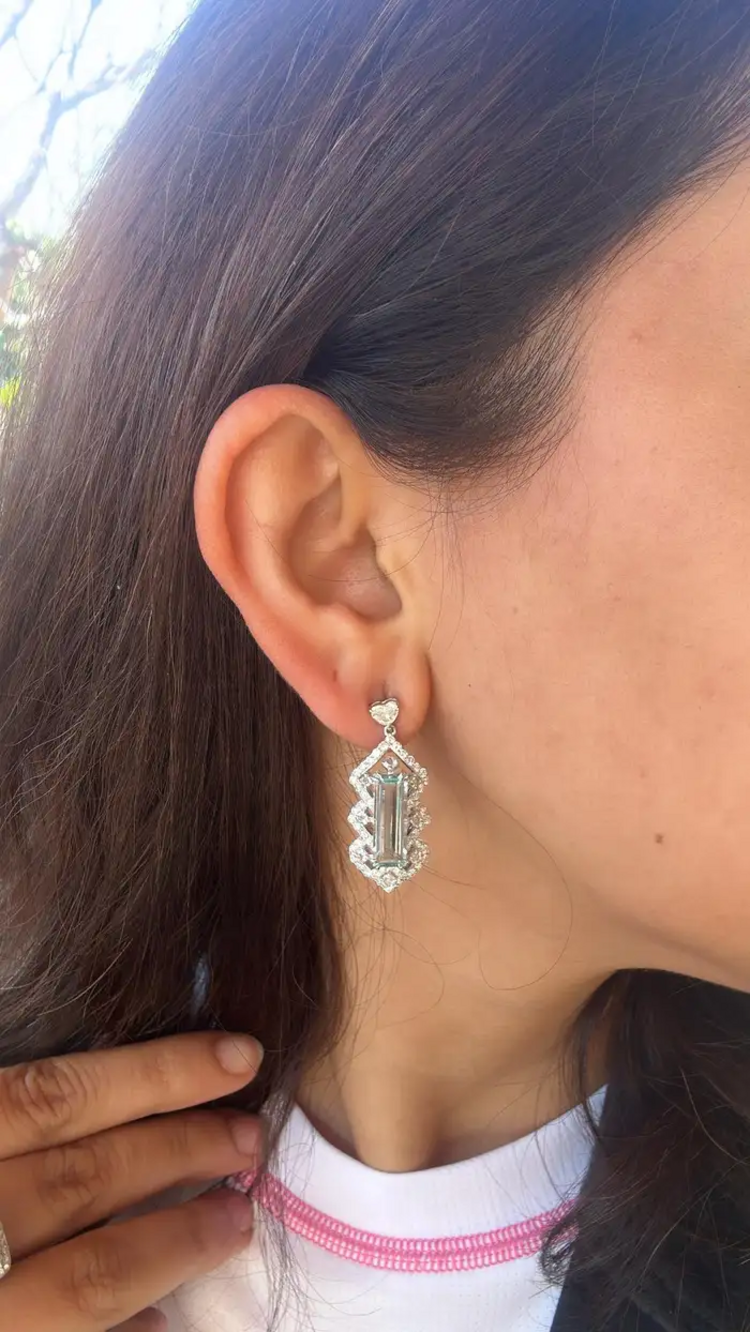 5.26 Ct. Aquamarine Dangle Earrings - Handmade 18k White Gold Heart Shape Diamond Earrings