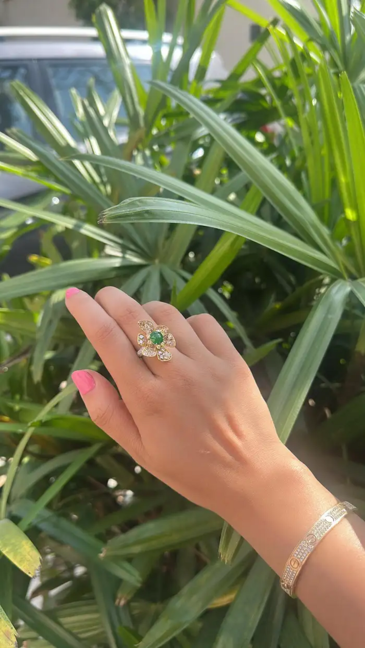 18k Yellow Gold Handmade Diamond Ring - Natural Jade Gemstone Engagement Ring