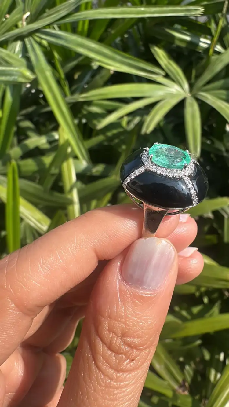 18k White Gold Diamond Cocktail Ring - Natural Colombian Emerald & Black Onyx Statement Ring