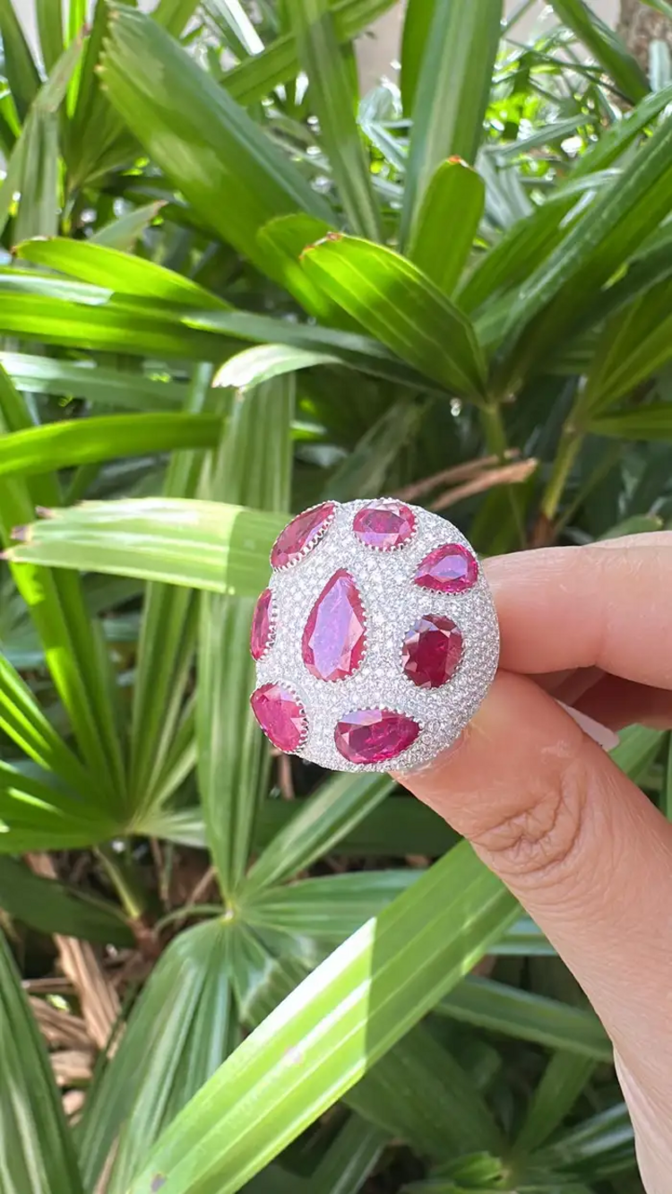 Natural Mozambique Ruby & Diamond Dome Ring - 18k White Gold Handmade Statement Ring