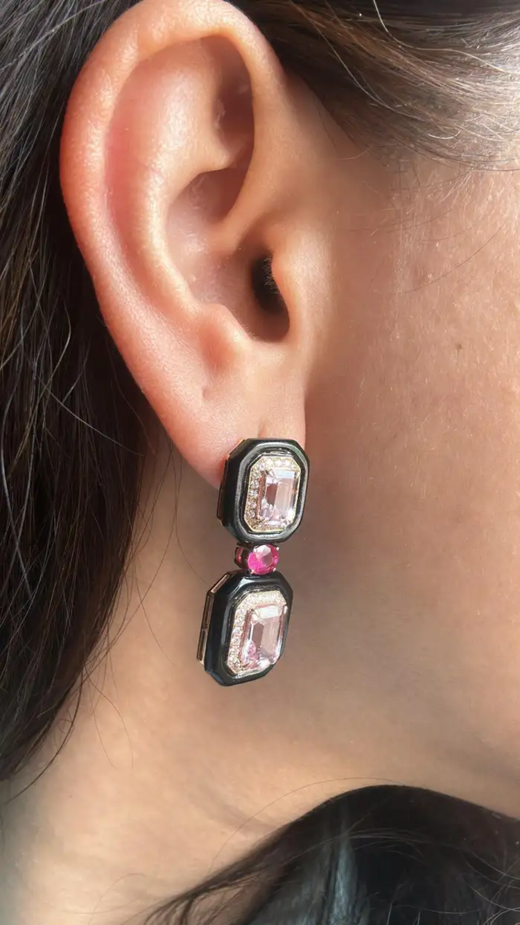 4.79 Ct. Morganite Gemstone Dangle Earrings - Solid 18k Rose Gold Diamond Wedding Earring - Natural Ruby Gemstone & Black Onyx Women Jewelry