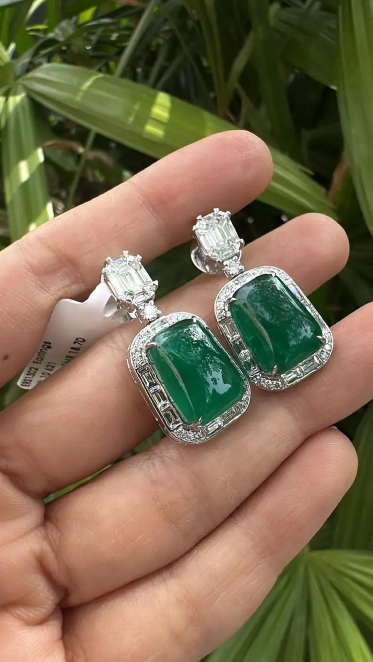Emerald Cabochons & Diamonds Dangle Earrings - 18k White Gold Handmade Women Earrings