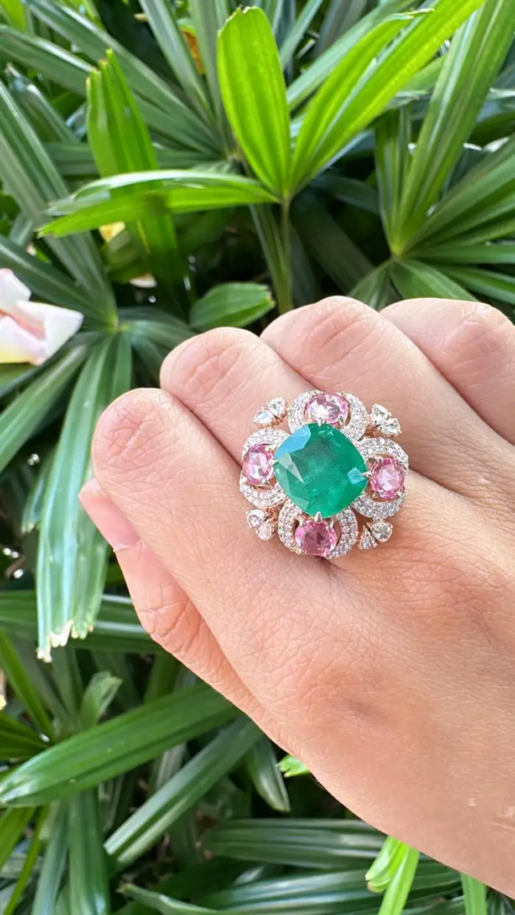 Natural Zambian Emerald & Ceylon Pink Sapphire Ring - 18k Rose Gold Diamond Wedding Ring
