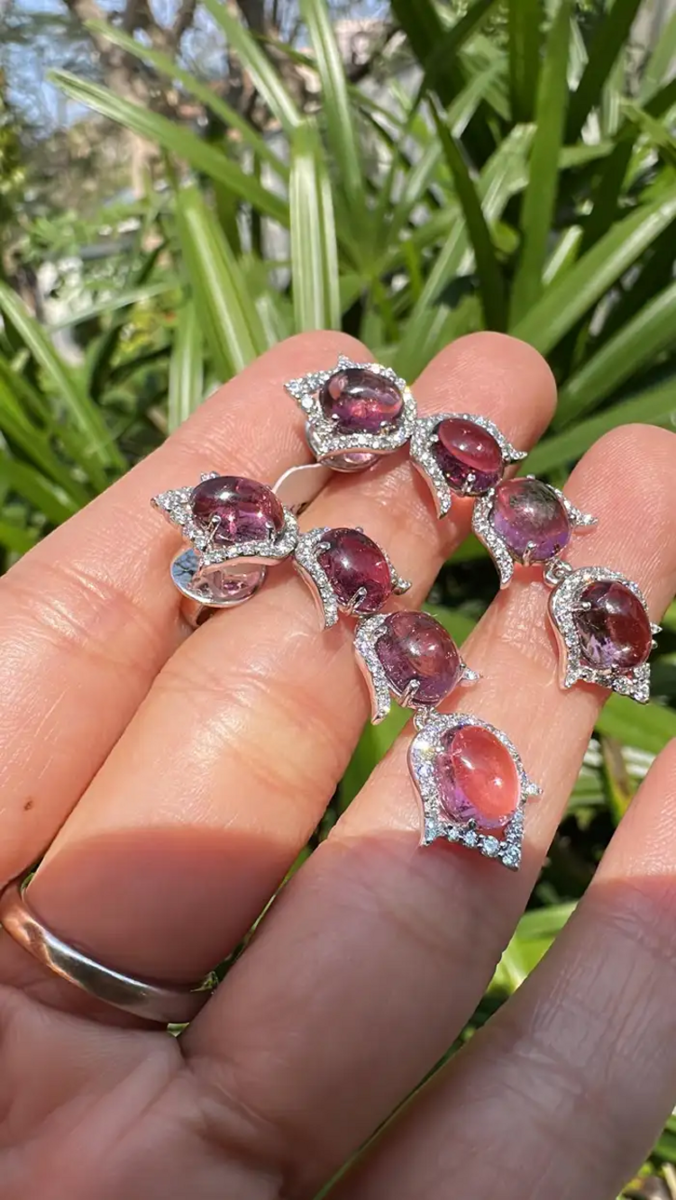 Natural Rubellite Gemstone Dangle Earrings - 18k White Gold Diamond Earrings