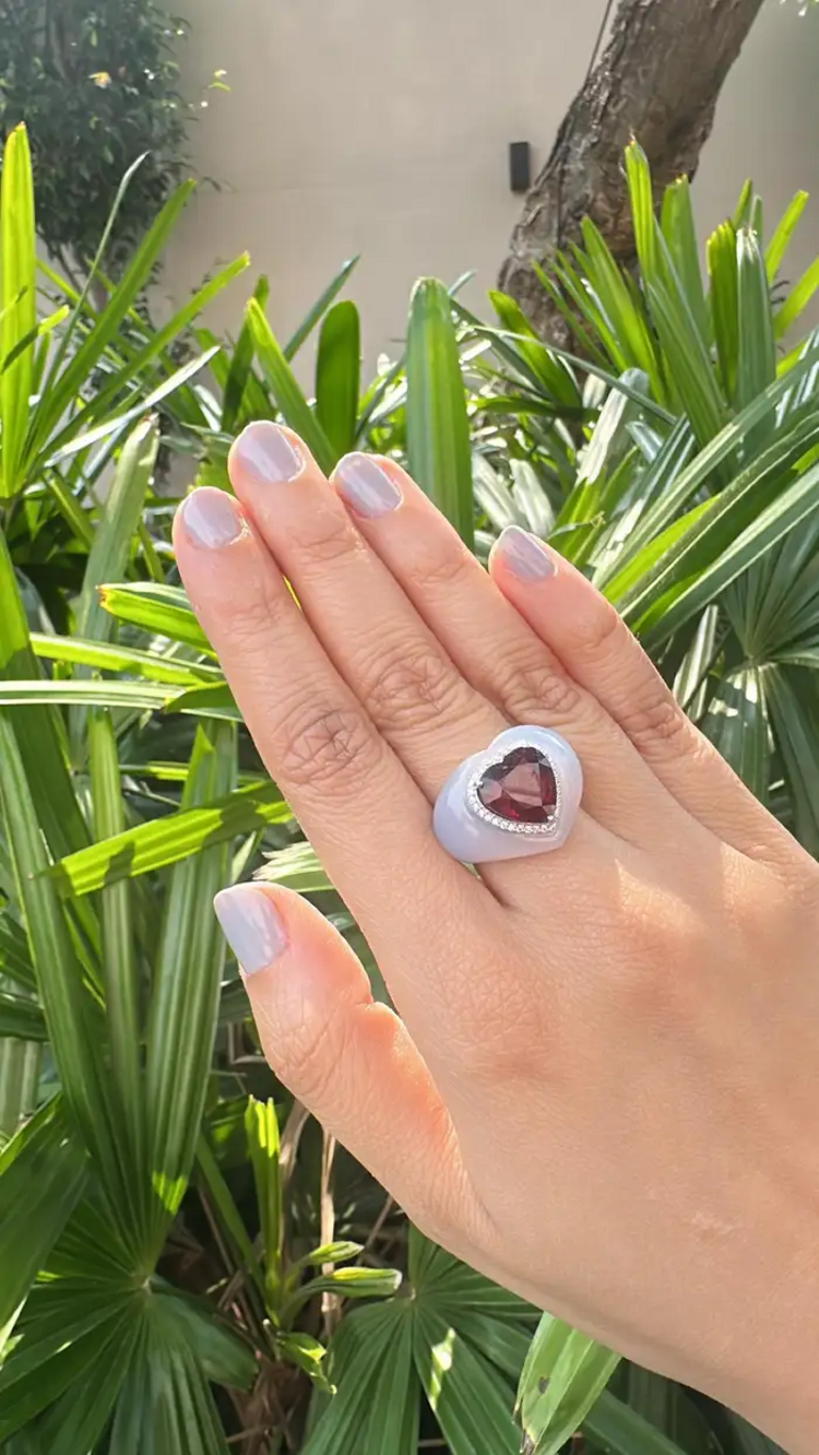4.93 Heart Shape Rubellite & Chalcedony Anniversary Ring - 18k White Gold Diamond Cocktail Ring