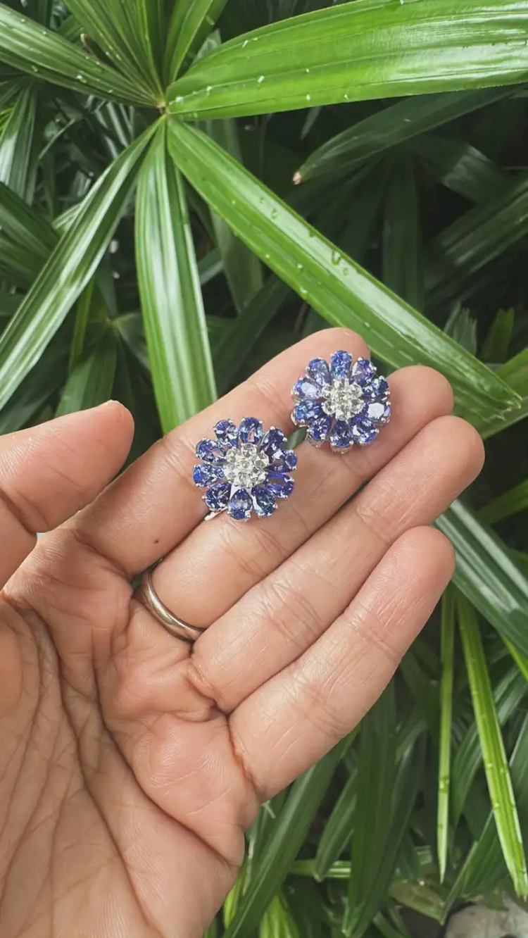 18k White Gold Diamond Stud Earrings - Natural Tanzanite & Rose Cut Diamonds Earrings