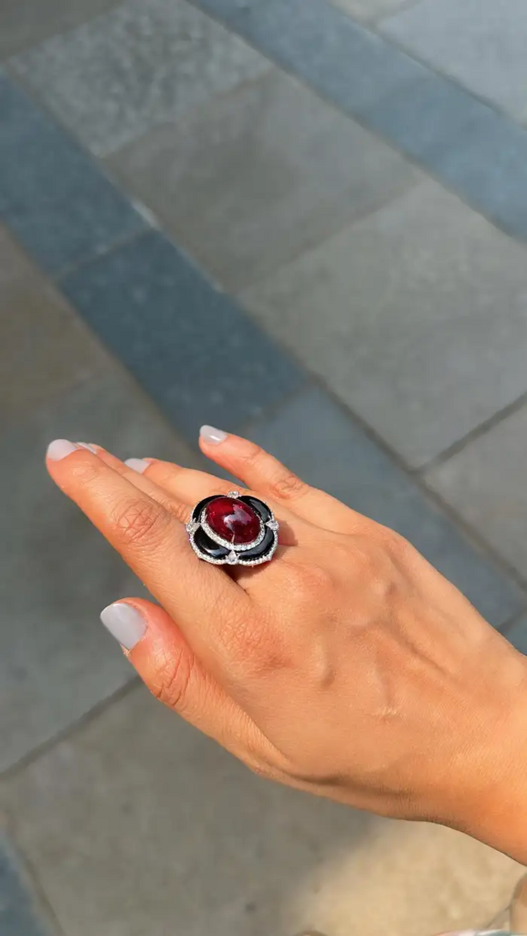 Natural Tourmaline & Black Onyx Cocktail Ring - 18k White Gold Diamond Handmade Ring