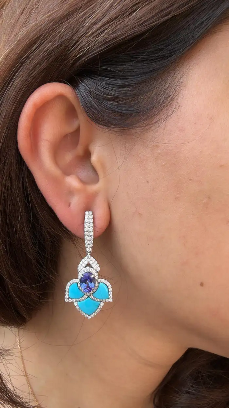 18k White Gold Turquoise & Tanzanite Dangle Earrings - Natural Diamond Earrings