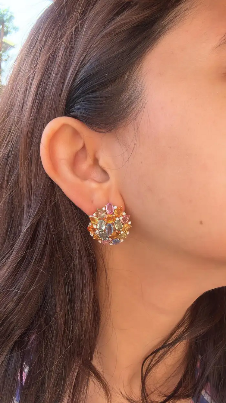 Ceylon Multi Sapphire & Diamond Stud Earrings - Handmade 18k Gold Diamond Women Earrings