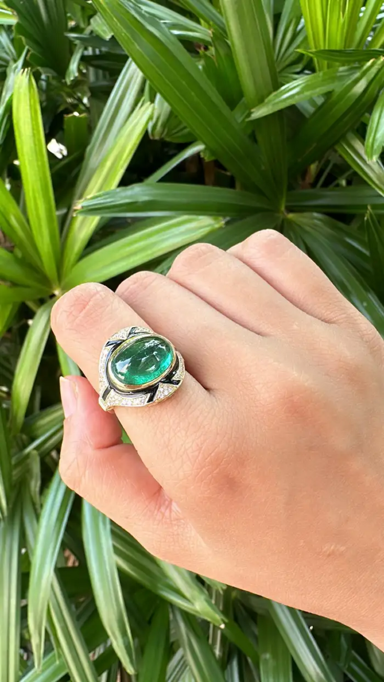 18k Yellow Gold Emerald & Diamond Art Deco Ring - Natural Zambian Emerald Women Jewelry