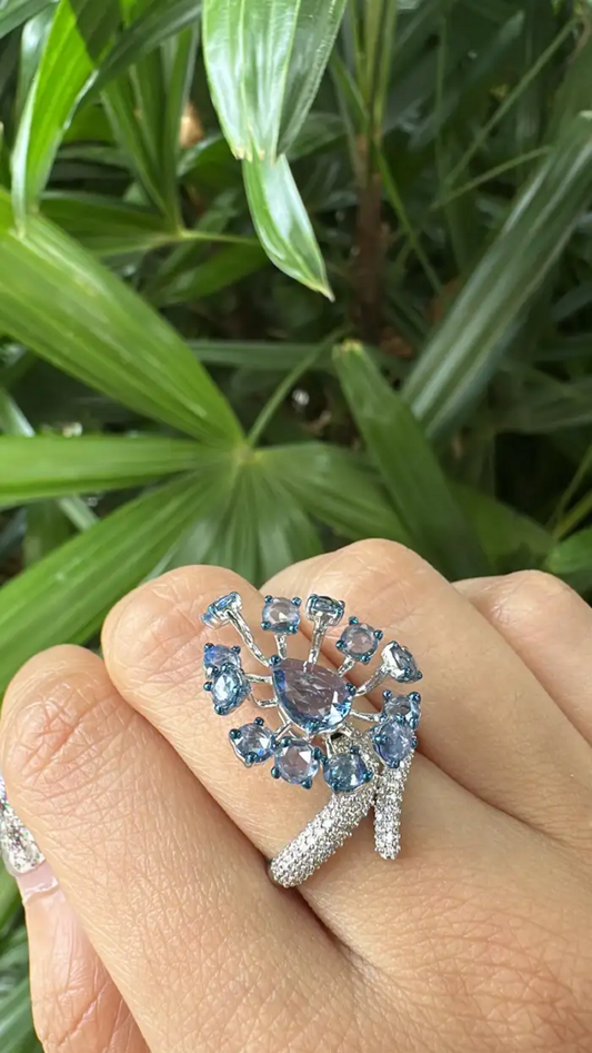 Natural Blue Sapphire & Diamond Cocktail Ring - 18k White Gold Handmade Ring