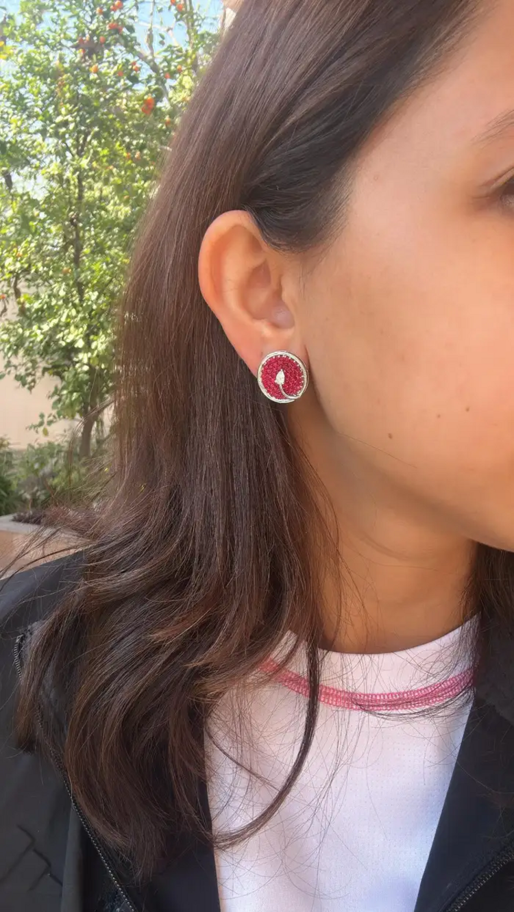 Natural Ruby Gemstone Round Stud Earrings - 18k White Gold Diamond Tiny Earrings