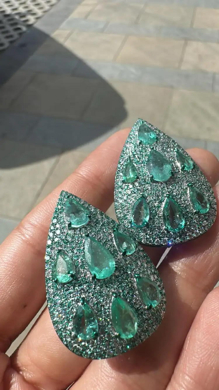 Natural Zambian Emerald & Diamond Pear Shape Earrings - 18k White Gold Earrings With Green Rhodium