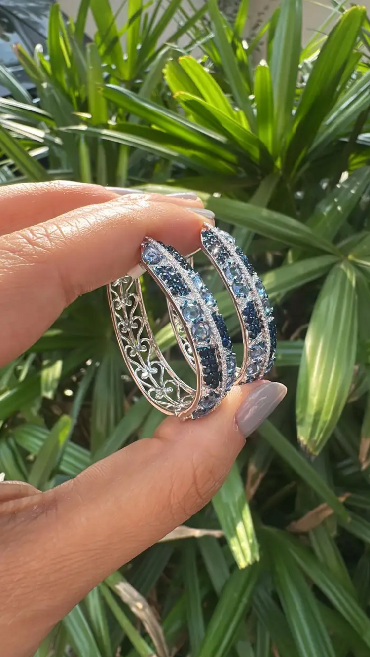 18k White Gold Diamond Hoop Earrings - Natural 5.69 Ct. Blue Sapphire Earrings