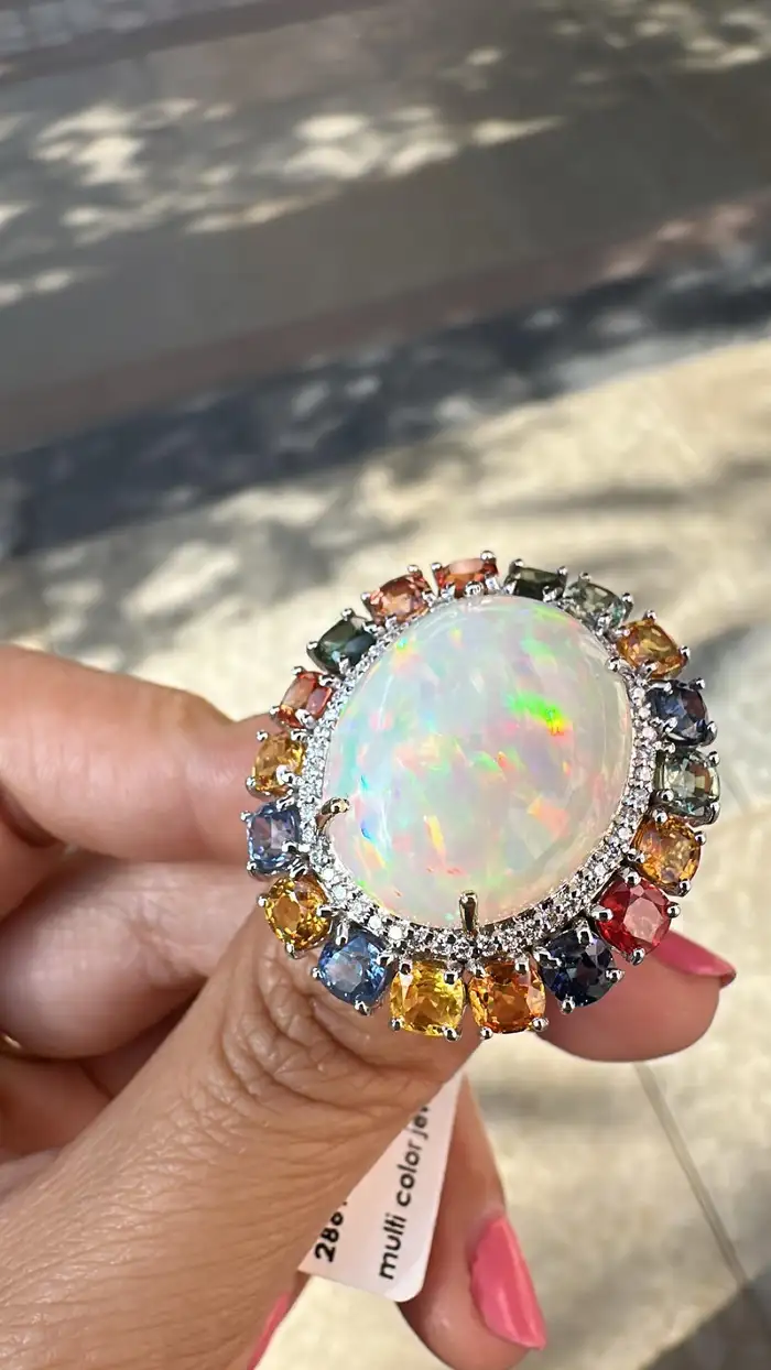 Natural Ethiopian Opal 18k White Gold Statement Ring - Ceylon Multi Sapphire & Diamond Wedding Ring