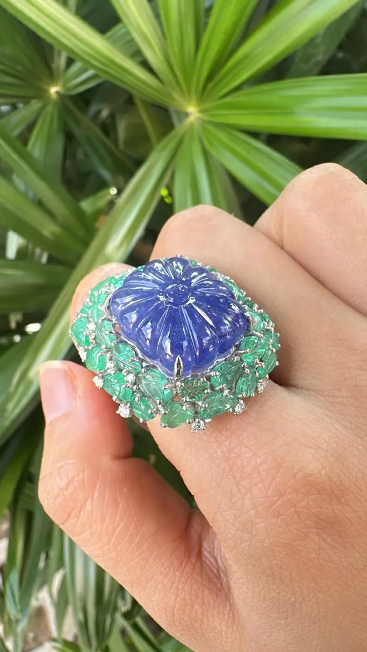 18k White Gold Diamond Statement Ring - Natural Tanzanite & Zambian Emerald Cocktail Ring