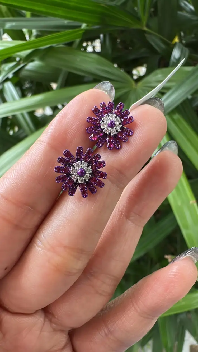 Natural Mozambique Ruby & Diamonds Stud Earrings - 18k Gold Purple Rhodium Tiny Stud Earrings