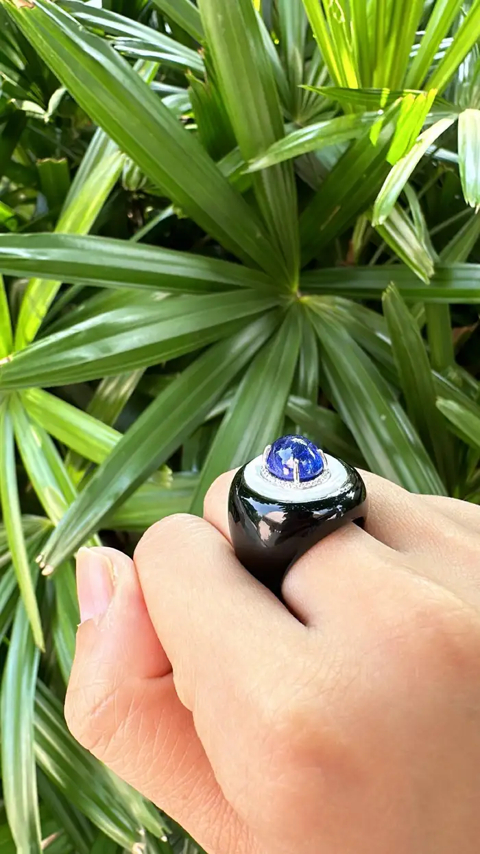 18k White Gold Ring - Natural Tanzanite & Mother Of Pearl Ring - Gold Diamond Cocktail Ring - Black Onyx Ring - Diamond Women Ring