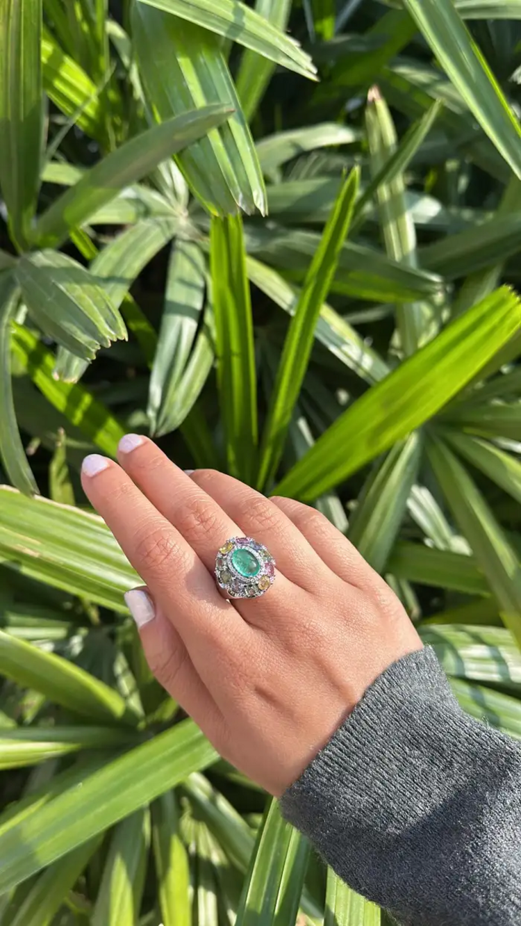 18k White Gold Handmade Diamond Ring - Natural Multi Sapphire, Colombian Emerald Dome Ring