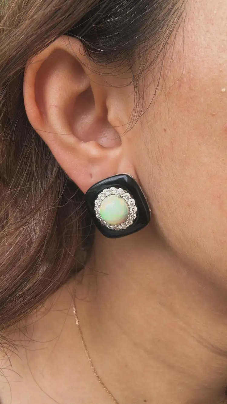 Natural Black Onyx & Ethiopian Opal Stud Earrings - 18k White Gold Diamond Handmade Earrings