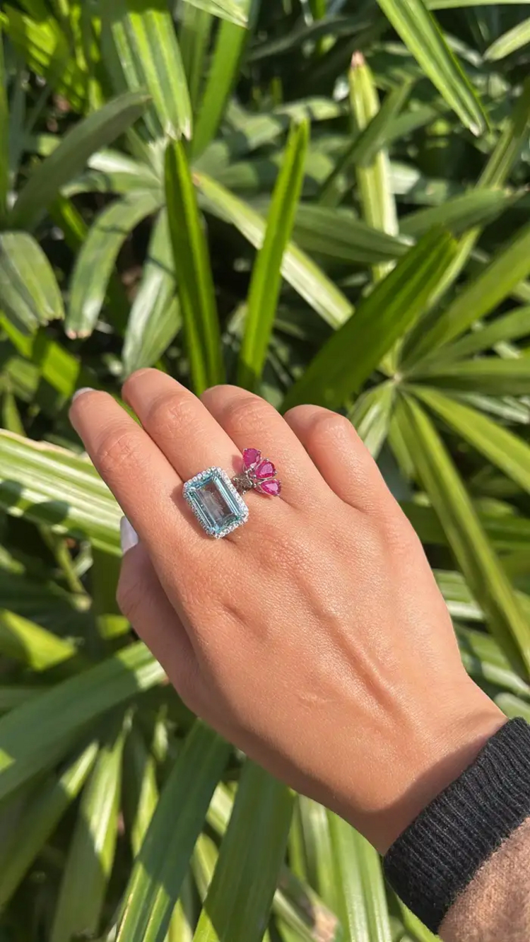 18k White Gold Brown Diamond Cuff Ring - Natural Aquamarine & Ruby Engagement Ring