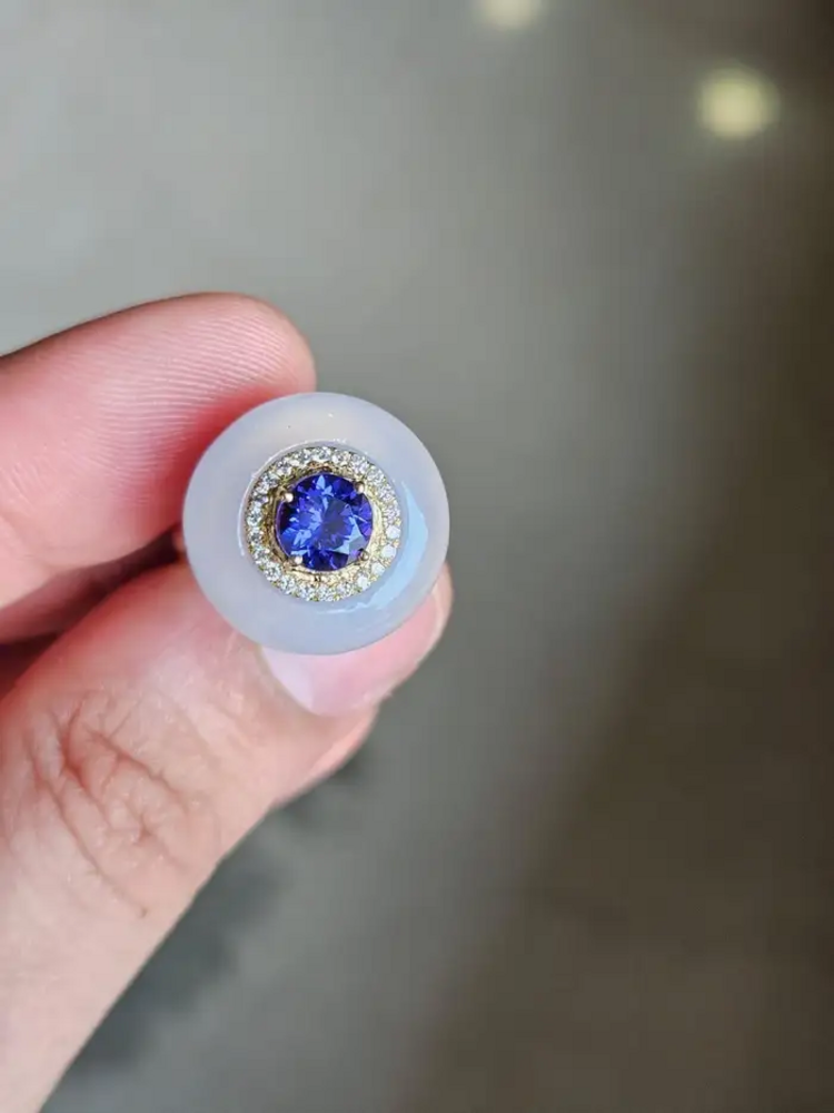 Natural Tanzanite & Chalcedony Gold Ring - 18k Yellow Gold Diamond Cocktail Ring