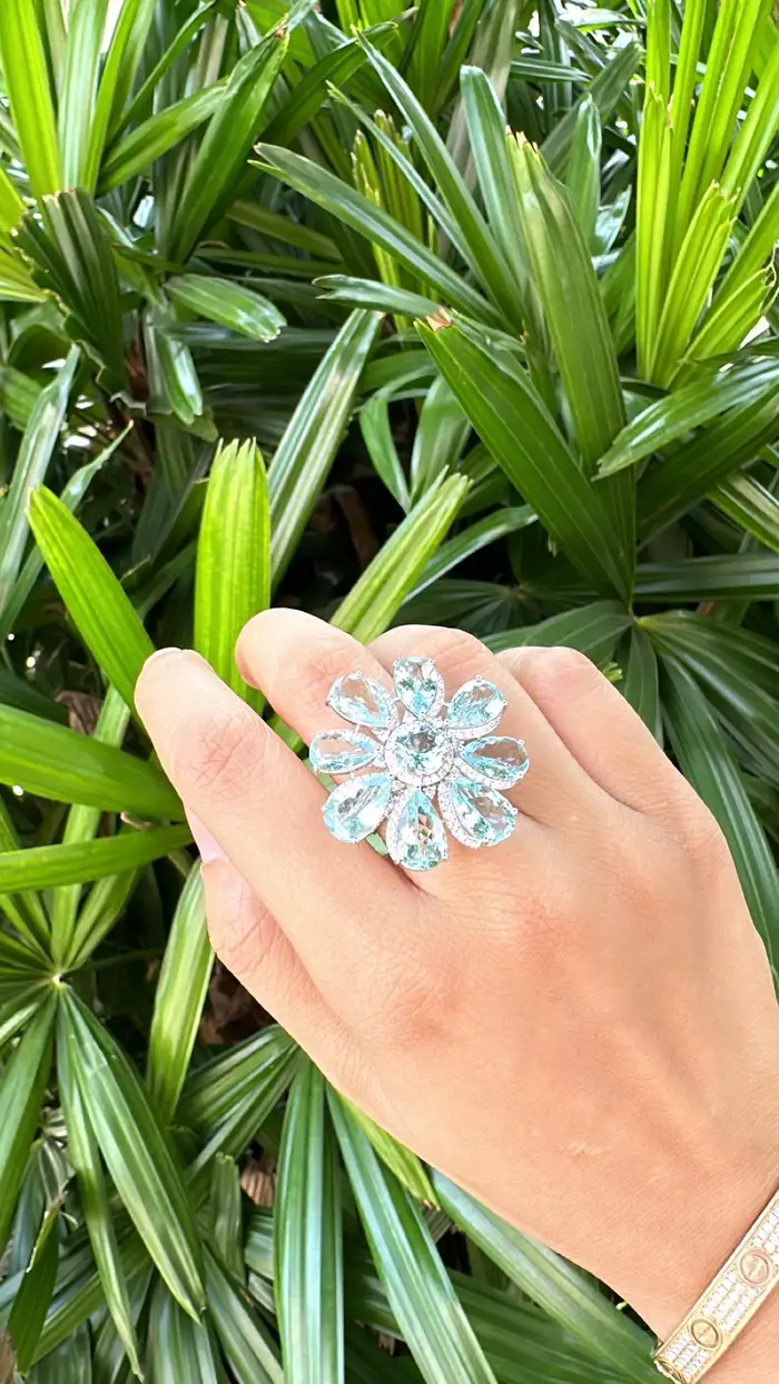 Solid 18k White Gold Diamond Ring - Natural Aquamarine Gemstone Cocktail Ring