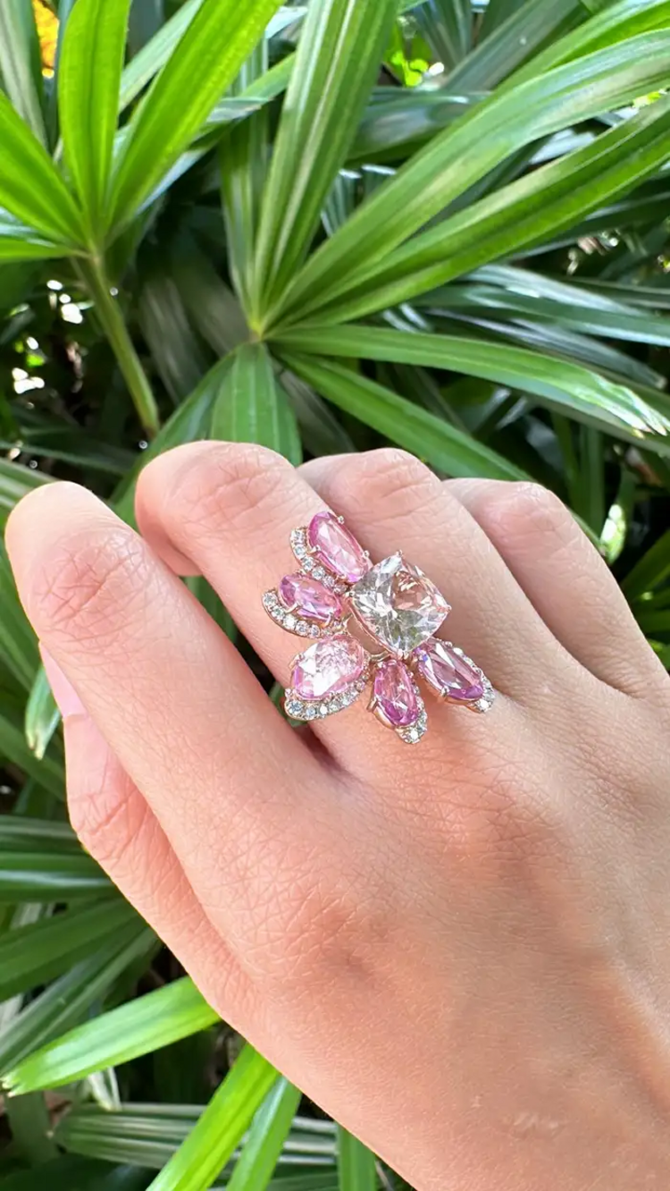 18k Rose Gold Diamond Wedding Ring With Morganite & Pink Sapphire Gemstone