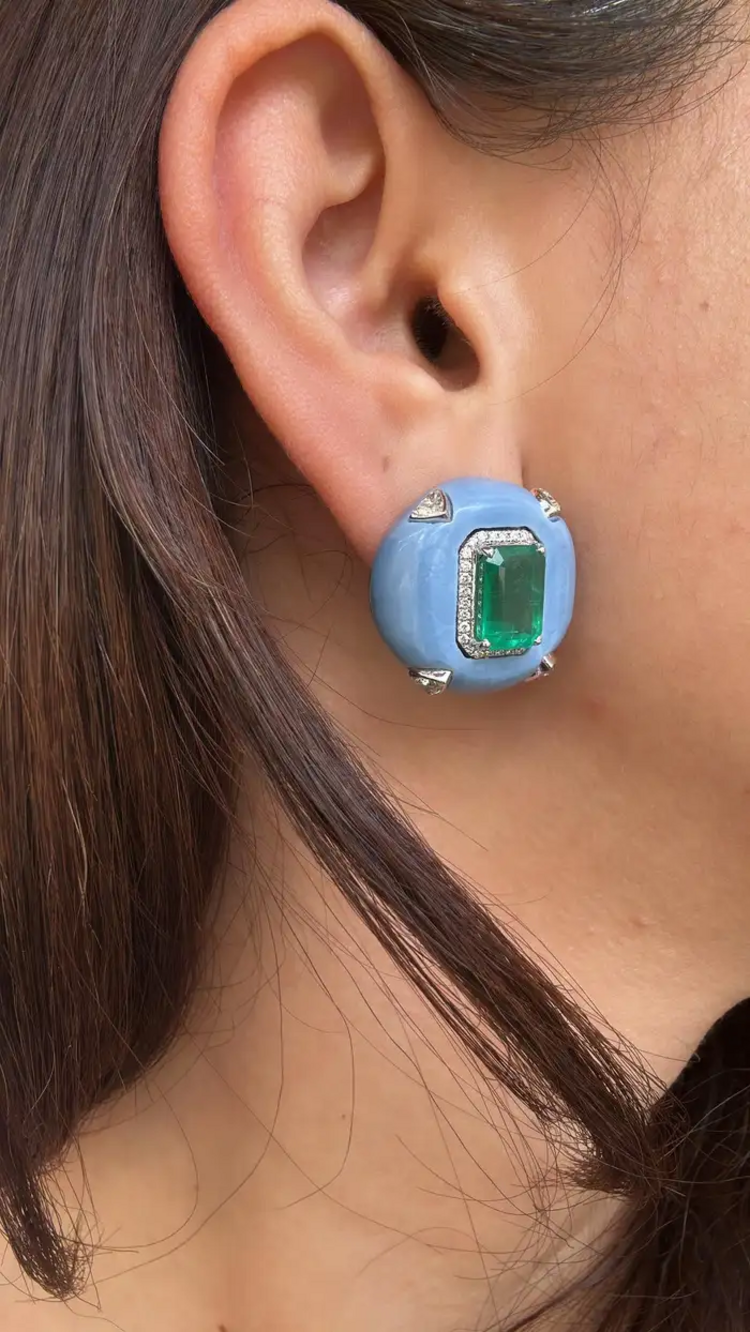 Natural Zambian Emerald & Blue Opal Stud Earrings - 18k White Gold Diamond Earrings