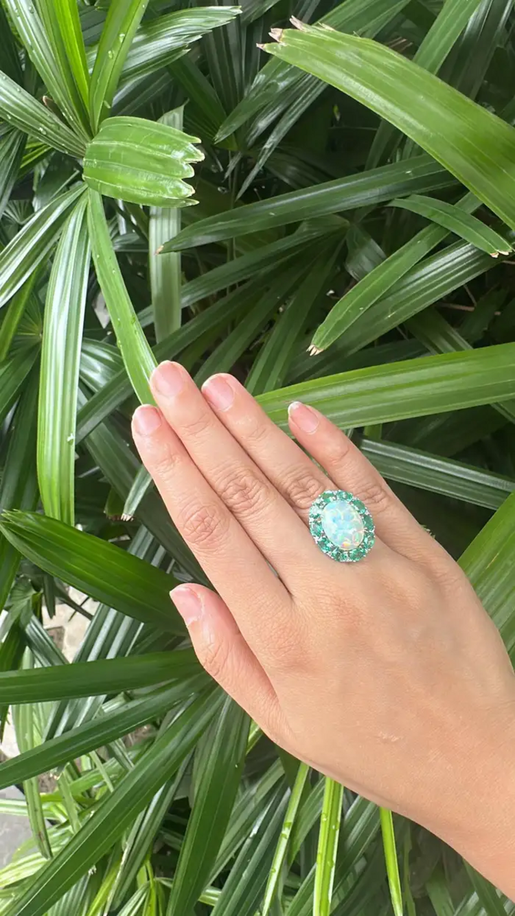 18k White Gold Diamond Ring - Natural Ethiopian Opal & Zambian Emerald Cocktail Ring