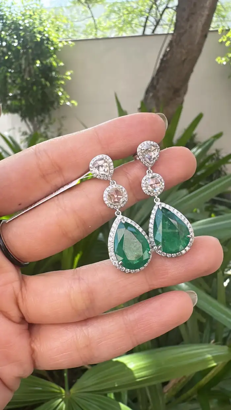 12.36 Ct. Natural Zambian Emerald Dangle Gold Earrings - 18k White Gold & Rose Cut Diamond Earrings