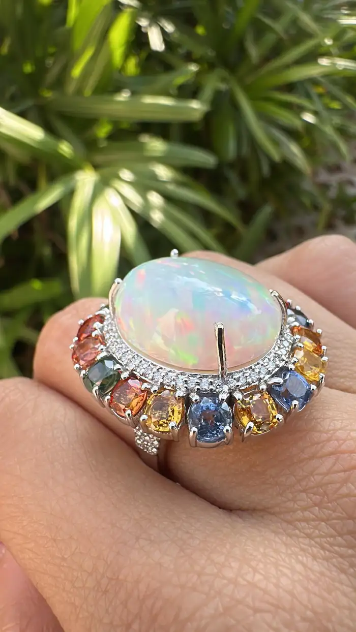 Natural Ethiopian Opal 18k White Gold Statement Ring - Ceylon Multi Sapphire & Diamond Wedding Ring
