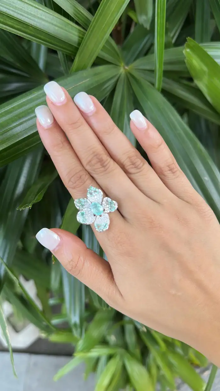 18k White Gold Diamond Cocktail Ring - Natural Paraiba Gemstone Wedding Ring