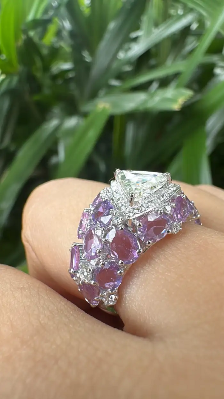 18k White Gold Rose Cut Diamond Ring - Natural Multi Sapphire Wedding Ring