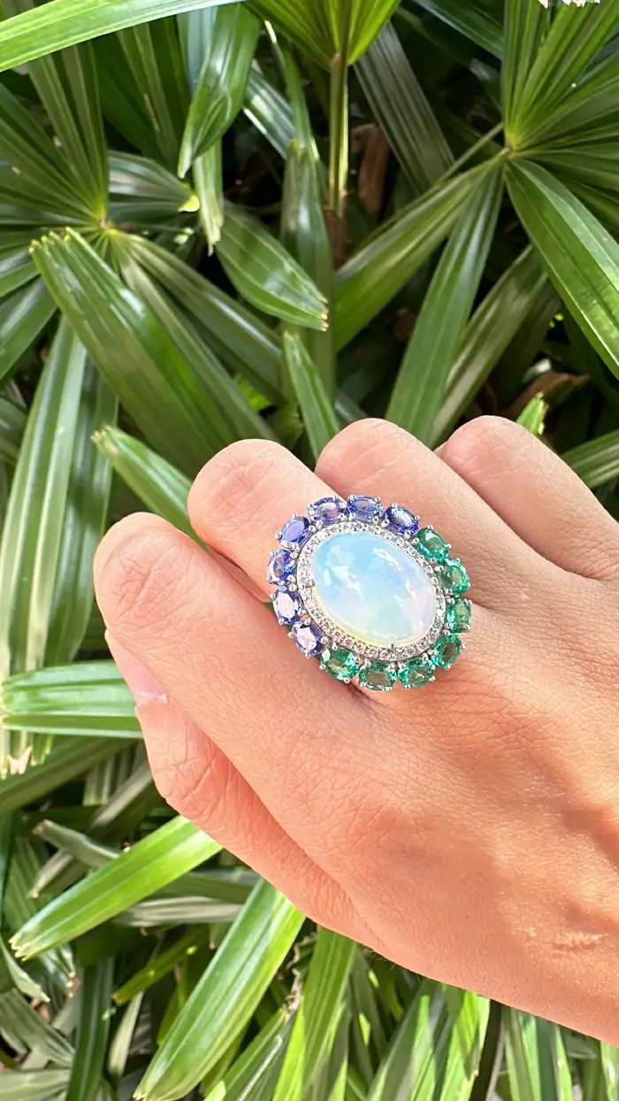 Gold Diamond Ring | 18k White Gold Zambian Emerald Ring | Tanzanite & Ethiopian Opal Cocktail Ring | Handmade Gold Diamond Ring
