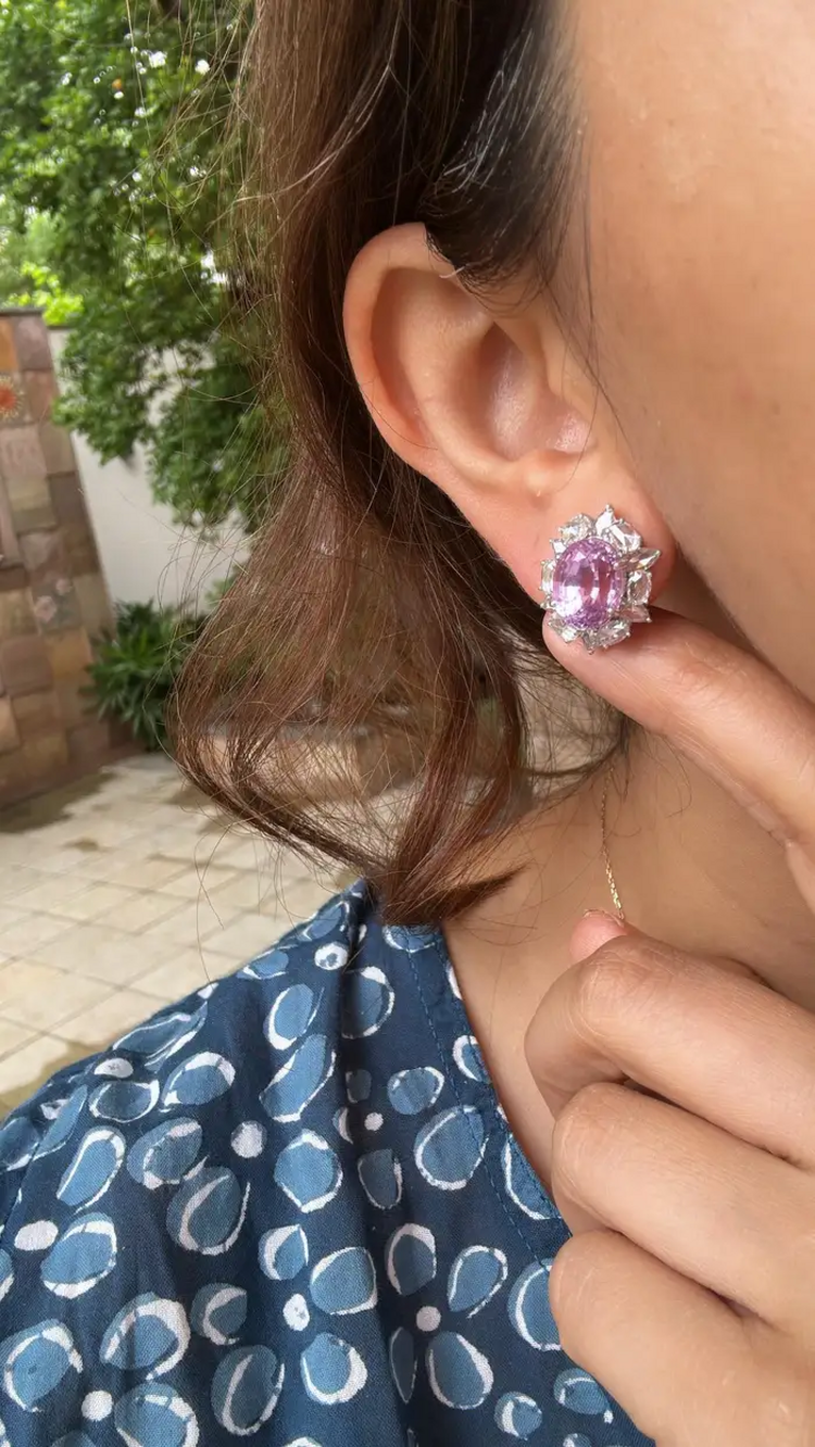 11.26 Ct. Kunzite Stud Earrings - 18k White Gold Rose Cut Diamond Earrings