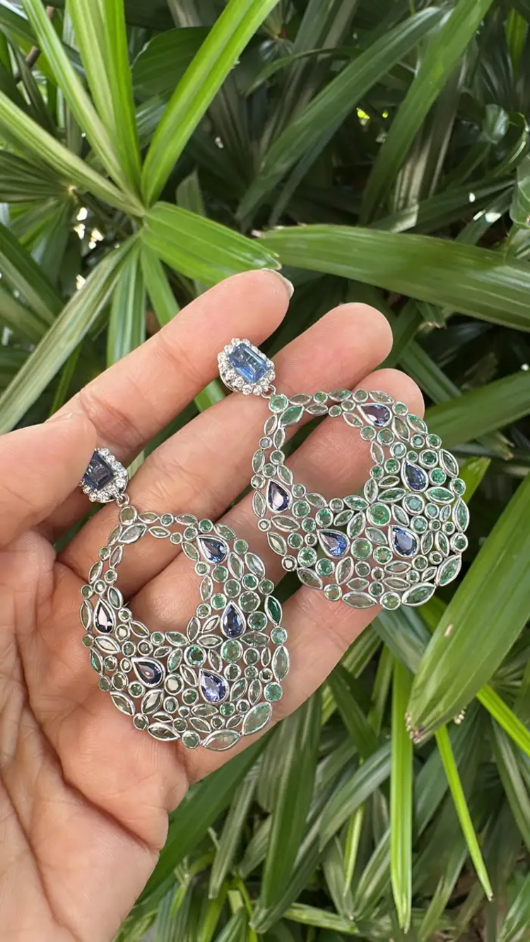 18k White Gold Diamond Art Deco Style Earrings - Natural Blue Sapphire & Zambian Emerald Dangle Earrings