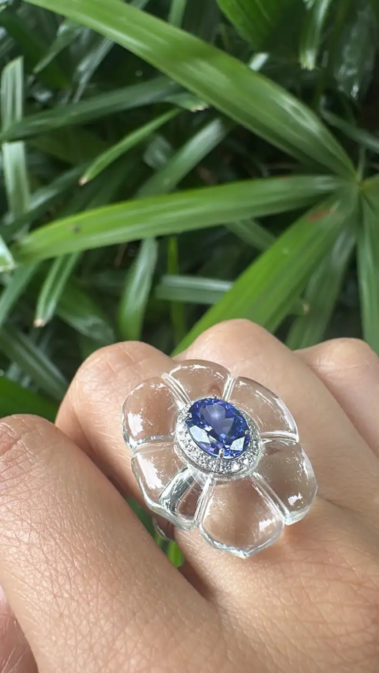 18k White Gold Diamond Cocktail Ring - Natural Tanzanite & Crystal Ring
