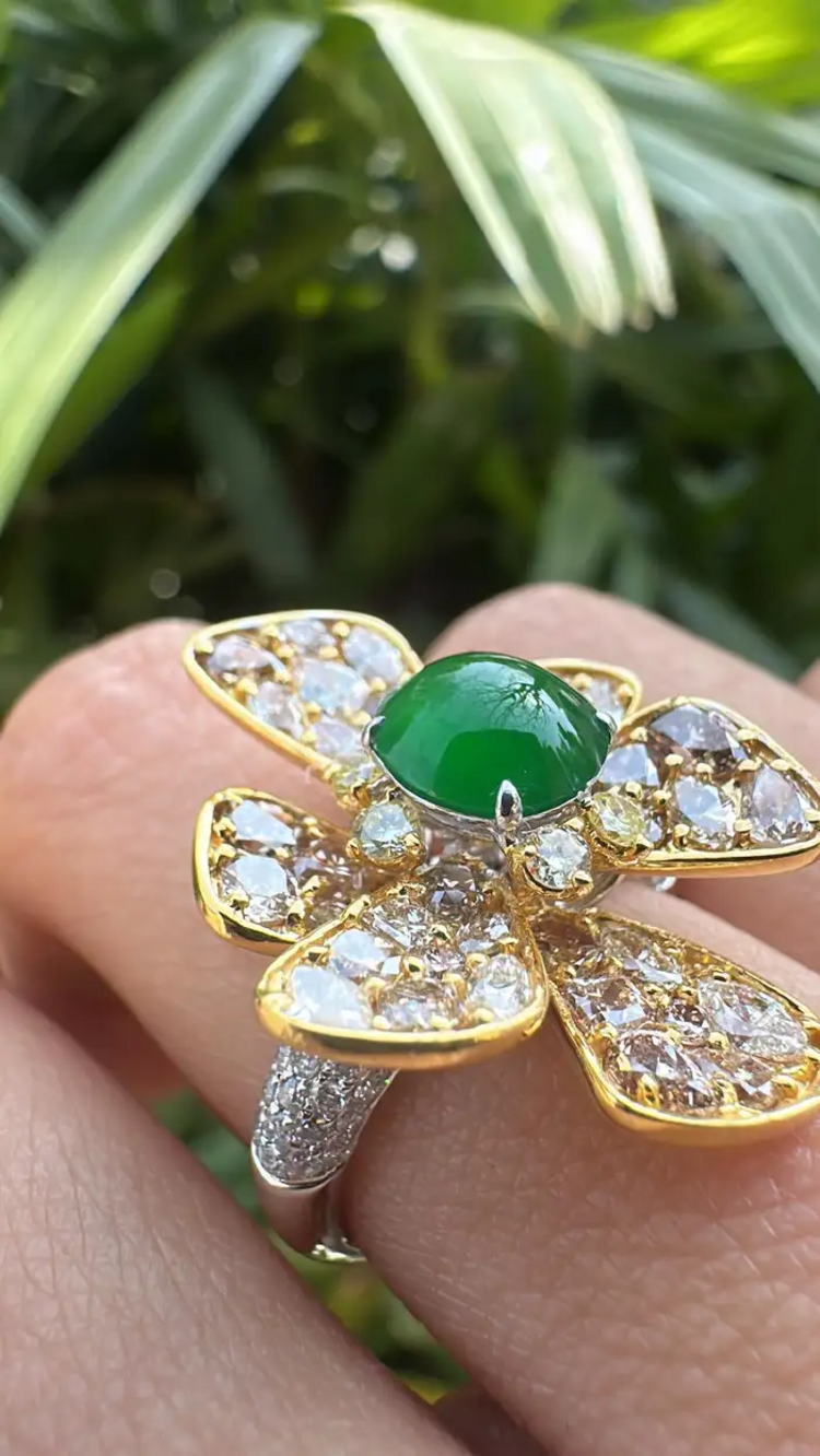18k Yellow Gold Handmade Diamond Ring - Natural Jade Gemstone Engagement Ring