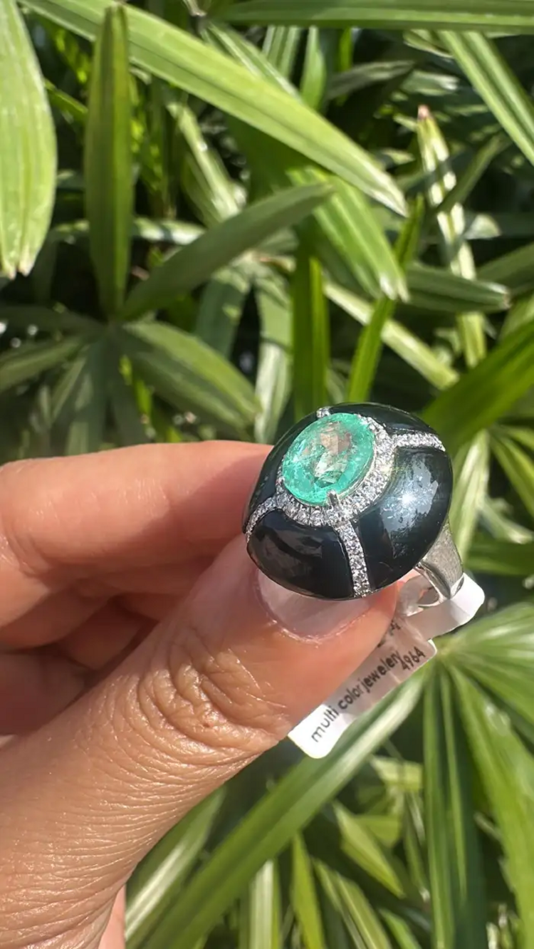 18k White Gold Diamond Cocktail Ring - Natural Colombian Emerald & Black Onyx Statement Ring