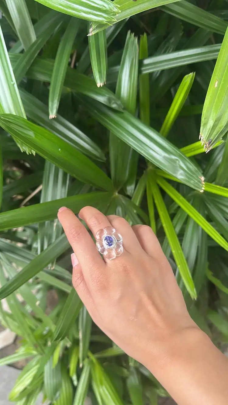 18k White Gold Diamond Cocktail Ring - Natural Tanzanite & Crystal Ring