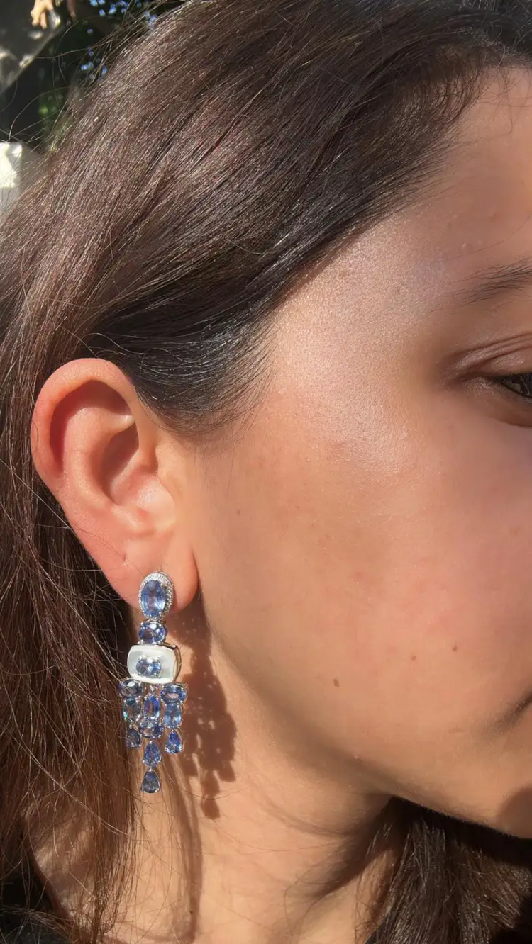 18k White Gold Diamond Handmade Earrings - Natural Blue Sapphire & Mother Of Pearl Chandelier Earrings