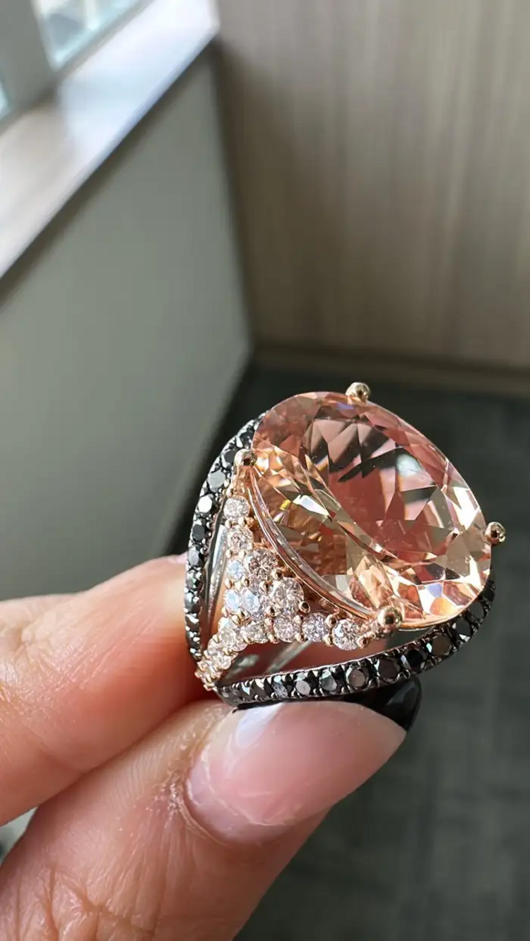 18k Rose Gold Black Diamond Wedding Ring - Natural Morganite & Diamond Wedding Ring