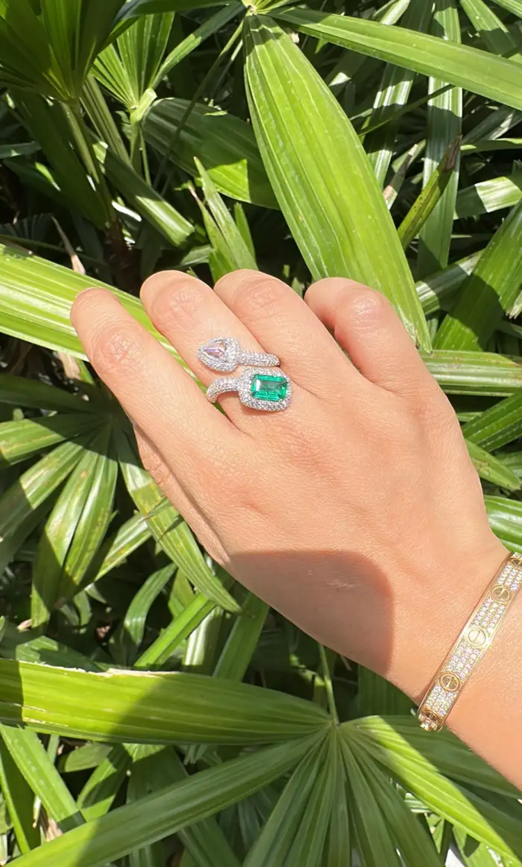 Zambian Emerald & Rose Cut Diamond Ring - 18k White Gold Handmade Wedding Ring