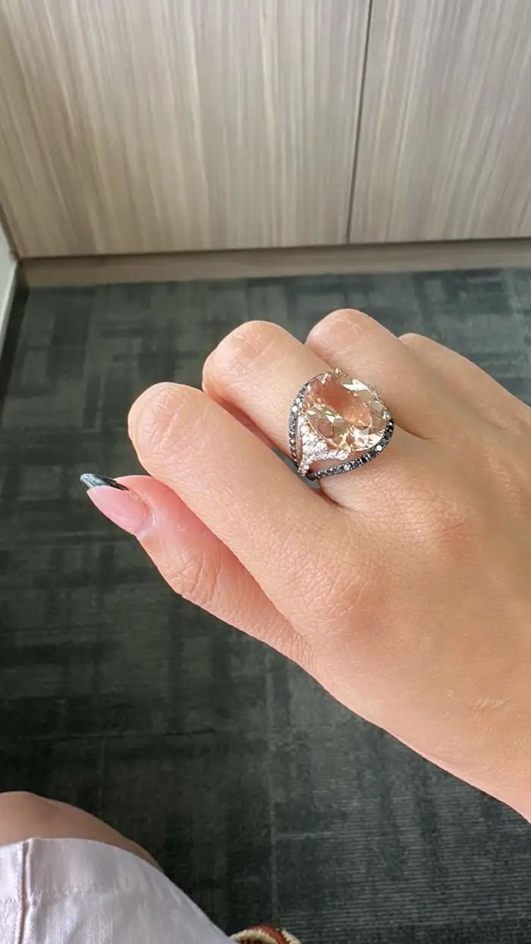 18k Rose Gold Black Diamond Wedding Ring - Natural Morganite & Diamond Wedding Ring